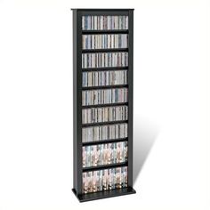 a tall black shelf with many dvds on it