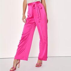 New With Tags-Never Worn Spring Pink Satin Bottoms, Chic Pink Satin Bottoms, Pink High-waisted Pants For Night Out, Pink Party Pants With Pockets, Pink Pants With Pockets For Night Out, Pink Trousers For Night Out, Pink Long Pants For Night Out, Pink Straight Pants For Party, Pink Party Bottoms With Pockets