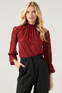 Zola Floral Burnout Mock Neck Blouse – Sugarlips Romanticizing My Life, Godet Dress, Red Floral Blouse, Mock Neck Blouse, Feminine Blouses, Professional Attire, Med School, Wear To Work, Floral Print Tops