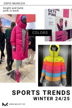 Get ready for vibrant slopes!  bright and bold  pink is back    read more    skiwear color trends, AW 24/25 fashion forecast, activewear color palette, winter   sportswear trends, ISPO 2024 colors Elegant Activewear, 2025 Pink, Color Palette Winter, Palette Winter, 2024 Colors, Jacket Trend, Trends 2025