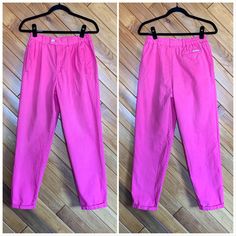 "These adorable pink pants are in excellent condition. High waisted with some elastic stretch details to cater to multiple sizes. From pleat and tapered leg Made in Japan by Compatible  Measurements taken while flat: Waist: 26-30\" Hips: 30\" Inseam: 27\" Rise: 12\"" 90s Pink Straight Leg Bottoms, Pink Straight Leg Pants With Elastic Waistband, Pink Relaxed Fit Ankle-length Bottoms, 90s High Waist Pink Bottoms, Pink High Waist 90s Bottoms, High Waist Pink 90s Bottoms, Pink Tapered Leg Pants With Elastic Waistband, Pink Cotton Ankle-length Pants, Pink Ankle-length Cotton Pants