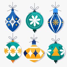 six christmas ornaments hanging from strings