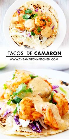 tacos de camaron with shrimp, cabbage and cilantro on top