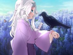 a woman with long white hair and a black bird on her shoulder, standing in front of purple flowers