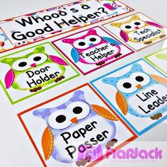 owl themed posters with the words, who's a good helper? and an owl