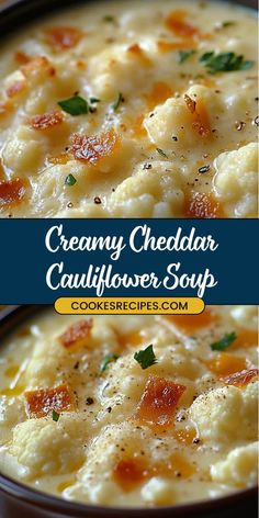 creamy cheddar cauliflower soup in a bowl