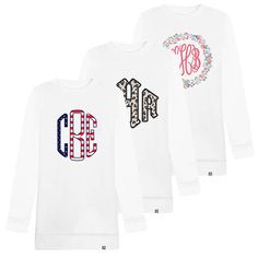 From holiday faves and animal prints to floral wreaths and patriotic patterns, we have the personalized sweatshirt styles and designs that will reflect your personality. Choose from 12 designs of our exclusive Monogrammed Crewneck Sweatshirt. With its cozy material and its classic crewneck style, this T-shirt pairs well with skinny jeans or your must-have leggings. To choose your favorite monogrammed crewneck sweatshirt style, simply click on the green Personalize button. With our exclusive mono White Monogram Crew Neck T-shirt, Personalized White Crew Neck Sweatshirt, White Personalized Crew Neck Sweatshirt, Personalized White Crew Neck Top, White Monogram Crew Neck Top, White Monogram T-shirt With Crew Neck, Patriotic Patterns, Monogram Sweatshirt, Marley Lilly