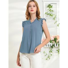 This vintage shirt is designed with a ruffled v-neck and solid color, especially for a professional look at work. The ruffle trim and sleeveless design would show demure, feminine grace and also lend shape and texture. Perfectly match skinny pants or pair this shirt with a pair of high heels to make an elegant look. V-neck Ruffles Blouse For Work, V-neck Ruffle Blouse For Work, V-neck Ruffled Blouse For Work, Sleeveless Solid Color Blouse For Work, Sleeveless Ruffled Blouse, Spring Office Wear Tops With Ruffles, Solid Color Ruffled Collar Top For Work, Solid Ruffle Sleeve Tops For Work, Casual Office Tops With Ruffled Collar