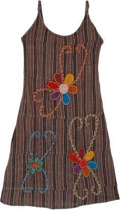 Woody notes with this gorgeous summer piece! A lovely cotton dress with a brown and black striped look, complete with thick embroidered floral motifs on top. It's smocked elastic on the back gives this dress flexibility and makes it a one-size-fits-most style of clothing. #tlb #Embroidered #Applique #Fall #Floral #Striped #bohemianfashion #Floraldress #Summerdress #kneelengthdress #cottondress Casual Brown Patchwork Dress, Brown Embroidered Cotton Dresses, Brown Cotton Patchwork Dress, Beach Patchwork Brown Dress, Brown Patchwork Beach Dress, Beach Brown Patchwork Dress, Bohemian Brown Dress With Patchwork, Bohemian Brown Cotton Dress, Striped Cotton Bohemian Dress