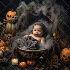 a baby in a basket surrounded by pumpkins and other halloween decorations on a black background