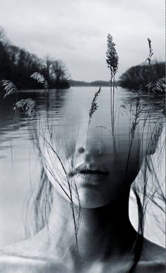 a woman's face is reflected in the water with plants growing out of her head