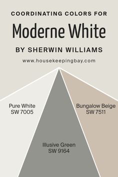 Coordinating Colors of Moderne White SW 6168 by Sherwin Williams Bungalow Beige, Illusive Green, Pairing Colors, White Bungalow, Origami White, Exterior House Paint Color Combinations, Condo Remodel, Paint Color Inspiration, White Fireplace