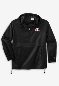 <div>This relaxed fit Champion® hooded, lightweight, anorak jacket is lightweight and ready for most weather. It's treated for water-resistance has a</div> Casual Nylon Hooded Jacket With Moisture-wicking, Hooded Outerwear With Functional Drawstring For Streetwear, Black Hiking Windbreaker With Drawstring Hood, Black Windbreaker With Drawstring Hood For Hiking, Casual Hooded Parka With Functional Drawstring, Casual Long Sleeve Parka With Drawstring, Nylon Windbreaker With Drawstring For Outdoor Activities, Hooded Windbreaker With Drawstring For Outdoor, Hooded Parka With Drawstring For Outdoor Activities