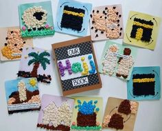 there are many small crocheted pictures on the table with each one's name