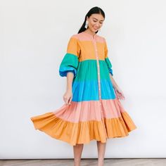 Sunshine Tienda® Anna Dress Multicolor Color Block Midi Dress For Spring, Long Sleeve Rainbow Dresses For Summer, Colorful Spring Color Block Dresses, Spring Multicolor Color Block Midi Dress, Long Sleeve Rainbow Summer Dress, Rainbow Long Sleeve Summer Dress, Multicolor Patchwork Midi Dress, Playful Patchwork Summer Dress, Cotton Knee-length Patchwork Dress