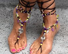 Shanti Rainbow MANDALA BAREFOOT SANDALS Aum brass charms foot | Etsy Handmade Barefoot Sandals With Ankle Strap As Gift, Beaded Toe Ring Barefoot Sandals For Beach, Handmade Ankle Strap Barefoot Sandals As Gift, Beach Toe Ring Anklets, Hippie Style Toe Ring Jewelry For Festivals, Handmade Barefoot Sandals For Beach Season, Adjustable Beaded Bohemian Barefoot Sandals, Hippie Jewelry For Beach Festivals, Adjustable Toe Ring Anklets For Beach