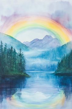 a painting of a rainbow in the sky over a lake with trees and mountains behind it