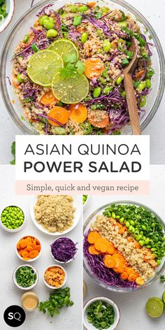 This Asian Quinoa Salad is a protein-packed vegan salad that takes less than 10 minutes to make and only one bowl. Simple, quick and so flavorful! Asian Quinoa Power Salad | Healthy Salad Idea | Vegan & Gluten-Free Recipe | Simply Quinoa Quinoa Power Salad, Ginger Miso Dressing, Recipe With Ginger, Quinoa Recipes Dinner, Asian Quinoa Salad, Asian Quinoa, Ginger Miso, Quinoa Salad Recipe, Quinoa Bowls