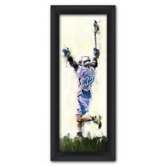 a painting of a lacrosse player with his arms in the air