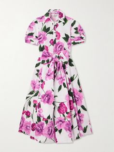 Perfect for garden parties, Erdem's shirt dress is printed with vibrant, oversized flowers. It's made from cotton-twill and has a smart pointed collar, puffed short sleeves and full midi skirt. Knot the generous waist belt into a bow, further accentuating the fit-and-flare shape. Oversized Flowers, Full Midi Skirt, Summer Style Guide, Flat Dress Shoes, Dress Flats, Exclusive Dress, Garden Parties, Pink Midi Dress, Midi Shirt Dress