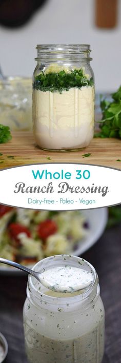 a jar filled with ranch dressing sitting on top of a table