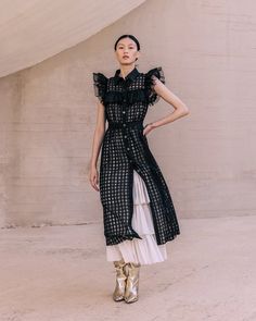 Dress Cesday Mes Demoiselles color Black / Ecru Silk Organza Dress, Secret Dress, Black Gingham, Organza Dress, Silk Organza, Model Fits, Ruffled Sleeves, Womens Casual Outfits, Cinched Waist