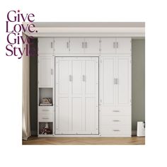 a white closet with drawers and shelves in the corner, next to a wall that says give love give style