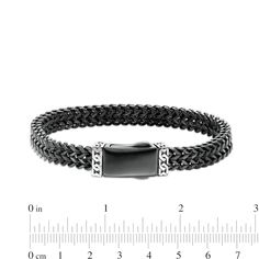 Polish off his favorite casual looks with this chic chain bracelet. Created in solid stainless steel with black ion plate, this 8.25mm-wide choice showcases a double row of Franco snake chain. Adding a unique touch, chain link-like patterns in white solid stainless steel glisten near the clasp. Buffed to a brilliant luster, this 8.5-inch bracelet secures with a box clasp. Classic Black Chain Bracelet For Formal Occasions, Modern Black Chain Bracelet For Formal Occasions, Elegant Stainless Steel Jewelry With Black Band, Classic Adjustable Black Chain Bracelet, Formal Black Box Chain Bracelet, Elegant Black Hypoallergenic Bracelets, Elegant Stainless Steel Bracelets With Black Band, Classic Black Metal Chain Bracelet, Formal Black Metal Chain Bracelet