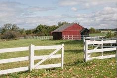 a red barn sits behind a white fence on a green field with autumn leaves in the foreground