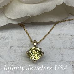 "The pendant pictured is lab created yellow sapphire #6981 -Approximate total carat weight: approx. 1.90ctw diamond equivalent -Center Stone Size: 8mm - approx. 1/90ct diamond equivalent -Center Stone Shape: round -Gem Type: lab created sapphire -Stone Clarity: VS2 -Stone Color: sweet yellow -Moh's Scale: 9 hardness -Metal Type and Purity: 14k white gold -Setting: 4 prong basket head -Chain: delicate 14k gold chain / heavier option with lobster claw available (use dropdown to select -Country of Elegant Yellow May Birthstone Jewelry, Classic Yellow Jewelry As Gift, Yellow Jewelry For May Birthstone, Yellow Birthstone Jewelry For May, Yellow Jewelry With May Birthstone, Yellow Brilliant Cut Jewelry As A Gift, 14k Gold Yellow Birthstone Jewelry, Classic Yellow Sapphire Jewelry As Gift, Yellow 14k Gold Jewelry With Round Cut