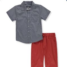 This Shorts-Sleeve Button-Up Shirt And Pant Set Makes Dressing Your Little Gent A Breeze. Chambray Cuffs And Inner-Collar Trim Add An On-Trend Accent. A Classic Button Placket And Logo Tag Complete The Look. Boys Short-Sleeve, Button-Down Shirt And Pant Set Red, White And Blue Pattern. Coordinating Rust Red Colored Pant "Ben Sherman" Script Logo Tag 100% Cotton Machine Washable Casual Short Sleeve Sets With Button Closure, Spring Cotton Sets With Button Closure, Casual Blue Sets With Buttons, Cotton Short Sleeve Set With Button Closure, Casual Cotton Button-up Sets, Casual Blue Buttoned Sets, Dusty Pink Outfits, White And Blue Pattern, Button Down Short Sleeve