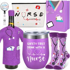 a purple nurse gift set includes a wine bottle, socks, and an insulated bag