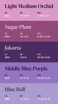 the different font styles and colors for each type of text, including blue bell, sugar plum, jakarta, middle blue purple