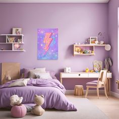 a bedroom with purple walls and white furniture