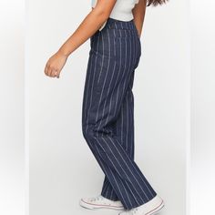 Nwt Forever 21 Dark Denim Pant W/ White Pinstripe Size 28 High Waisted Relaxed Fit Wide Leg Front Zipper Button Closure 5 Pocket Styling Rise Approx 11” Length Approx 32” Striped Fitted Straight Leg Jeans, Casual Straight Leg Pants With Vertical Stripes, Trendy Blue Bottoms With Vertical Stripes, High Rise Striped Cotton Bottoms, Forever 21 Straight Leg Cotton Pants, High-rise Striped Cotton Bottoms, Forever 21 Mid-rise Cotton Bottoms, Denim Jeans With Vertical Stripes, Casual Pinstripe Jeans With Straight Leg