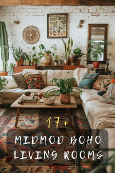 a living room filled with lots of furniture and plants on top of the couches