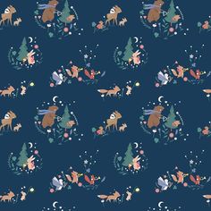 a blue christmas pattern with reindeers and snowflakes in the night sky, on a dark background