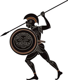 an ancient greek warrior holding a spear and shield