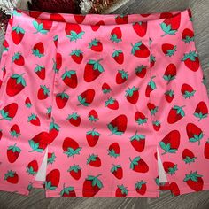 Shein Pink With Red Strawberries Casual Pink Bottoms With Strawberry Print, Cute Fitted Red Skirt, Pink Fitted Bottoms With Strawberry Print, Fitted Pink Bottoms With Strawberry Print, Red Stretch Skirt For Vacation, Casual Red Skirt For Brunch, Skirts Shein, Shein Skirts, Red Strawberry