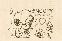 snoopy playing the guitar with music notes