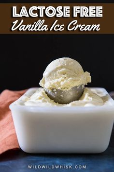 a scoop of vanilla ice cream in a bowl with the text lactose free vanilla ice cream