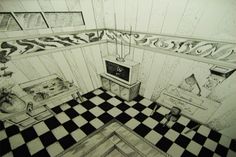 a black and white drawing of a living room with checkered flooring, tv set, coffee table and cabinets