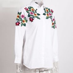 Material: PolyesterClothing Length: RegularStyle: CasualFabric Type: BroadclothSleeve Length: FullDecoration: EmbroideryPattern Type: FloralCollar: Turn-down Collar White Embroidered Long Sleeve Shirt, White Embroidered Long Sleeve Blouse, Fitted Shirt With Multicolor Floral Embroidery, Floral Embroidery, White Shirt, Bell Sleeves, Sleeve Blouse, Bell Sleeve Top, Sleeve Top