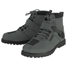 a pair of gray boots with black laces