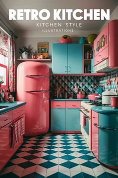 an old fashioned kitchen with pink and blue cabinets, checkered flooring, and retro appliances