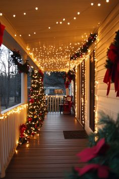 a porch covered in christmas lights and decorations