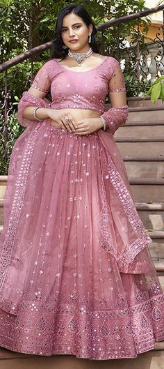 Pink and Majenta color Lehenga in Net fabric with Embroidered, Sequence, Thread work Ceremony Semi-stitched Lehenga With Dupatta, Semi-stitched Lehenga With Dupatta For Ceremony, Festive Semi-stitched Lehenga For Ceremony, Sharara With Pallu For Ceremony And Eid, Eid Ceremony Sharara With Pallu, Semi-stitched Lehenga For Ceremony And Festive Occasions, Ceremonial Sharara With Pallu For Eid, Sharara For Eid Ceremony, Diwali Ceremony Choli With Zari Work