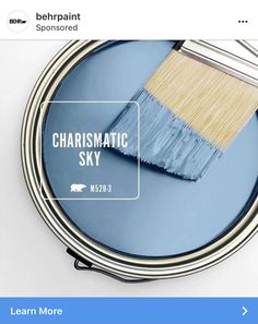 a blue paint can with a brush in it and the words charismic sky above it