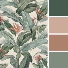 the color scheme is green, brown and white with tropical plants on it's side