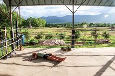 a person laying on the ground in front of a fence with mountains in the background